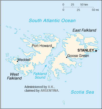 [Country map of Falkland Islands (Islas Malvinas)]